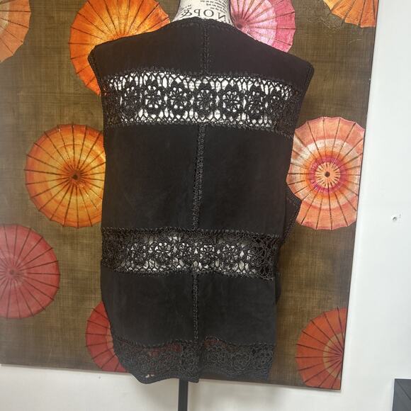 Hippie Western Crochet Suede Vest Lace Gothic Boho Black Vintage 90s Sz L - Picture 3 of 5